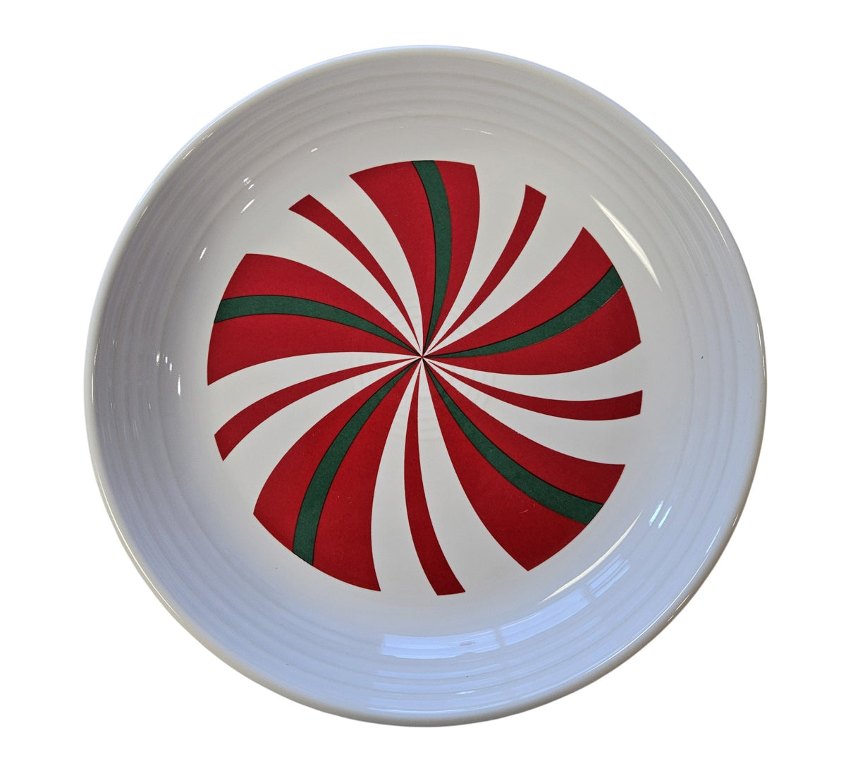 This is a Fiesta Fiestaware Coupe Luncheon Bowl Plate featuring FTCCO's Peppermint decal on White. Post 1986, Lead-free, Decorated, Christmas, Original Betty Crocker Peppermint decal brought back to life by FTCCO.
