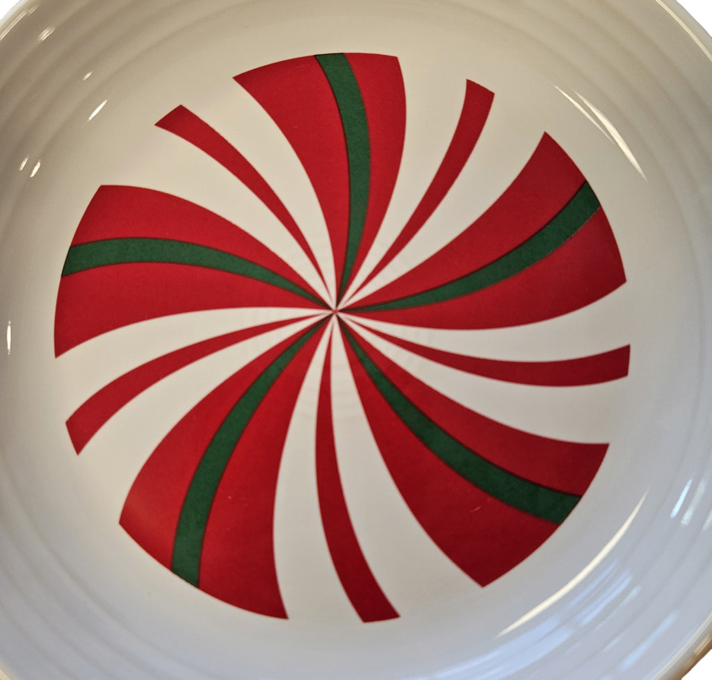 This is a Fiesta Fiestaware Coupe Luncheon Bowl Plate featuring FTCCO's Peppermint decal on White. Post 1986, Lead-free, Decorated, Christmas, Original Betty Crocker Peppermint decal brought back to life by FTCCO.
