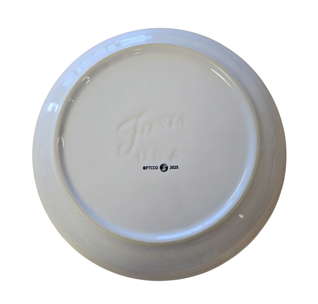 This is a Fiesta Fiestaware Coupe Luncheon Bowl Plate featuring FTCCO's Peppermint decal on White. Post 1986, Lead-free, Decorated, Christmas, Original Betty Crocker Peppermint decal brought back to life by FTCCO.
