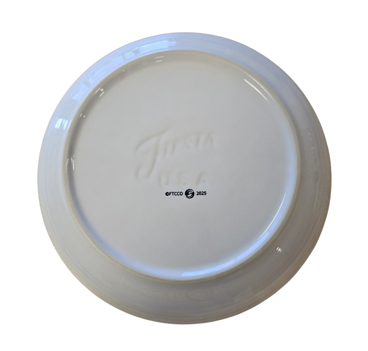 This is a Fiesta Fiestaware Coupe Luncheon Bowl Plate featuring FTCCO's Peppermint decal on White. Post 1986, Lead-free, Decorated, Christmas, Original Betty Crocker Peppermint decal brought back to life by FTCCO.
