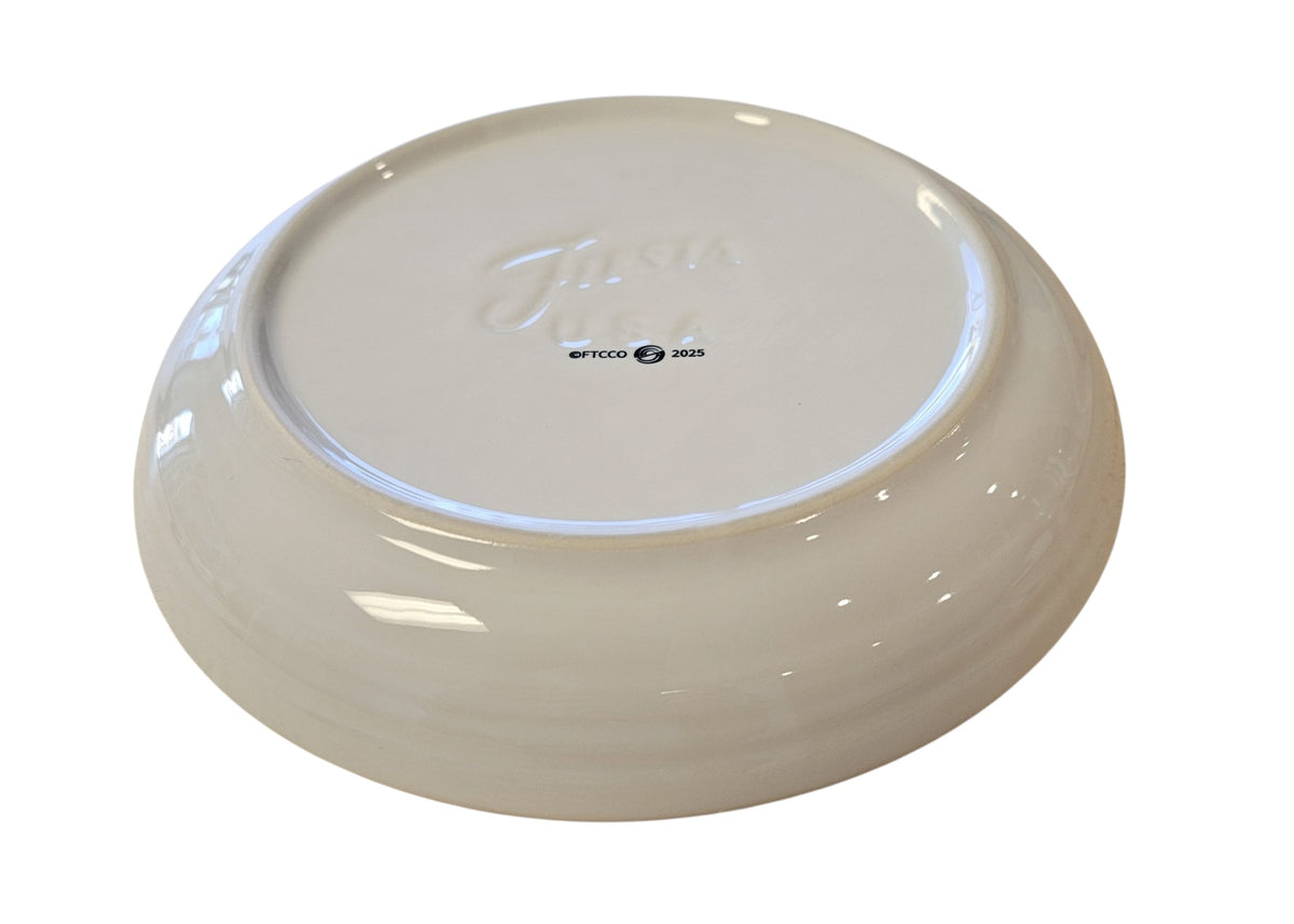 This is a Fiesta Fiestaware Coupe Luncheon Bowl Plate featuring FTCCO's Peppermint decal on White. Post 1986, Lead-free, Decorated, Christmas, Original Betty Crocker Peppermint decal brought back to life by FTCCO.

