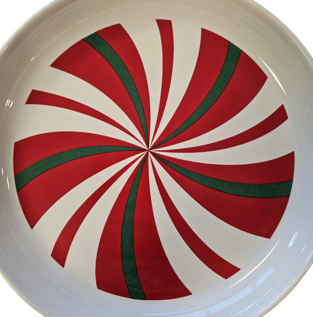 This is a Fiesta Fiestaware Coupe Dinner Bowl Plate featuring FTCCO's Peppermint decal on White. Post 1986, Lead-free, Decorated, Christmas, Original Betty Crocker Peppermint decal brought back to life by FTCCO.
