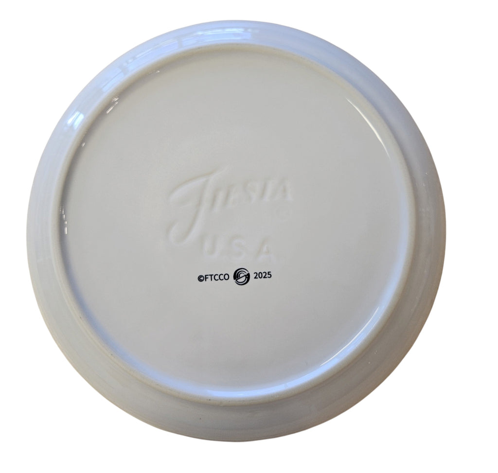 This is a Fiesta Fiestaware Coupe Dinner Bowl Plate featuring FTCCO's Peppermint decal on White. Post 1986, Lead-free, Decorated, Christmas, Original Betty Crocker Peppermint decal brought back to life by FTCCO.
