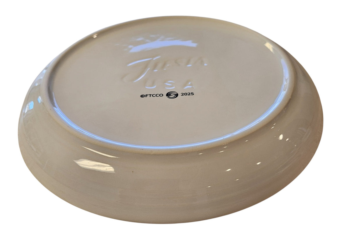 This is a Fiesta Fiestaware Coupe Dinner Bowl Plate featuring FTCCO's Peppermint decal on White. Post 1986, Lead-free, Decorated, Christmas, Original Betty Crocker Peppermint decal brought back to life by FTCCO.
