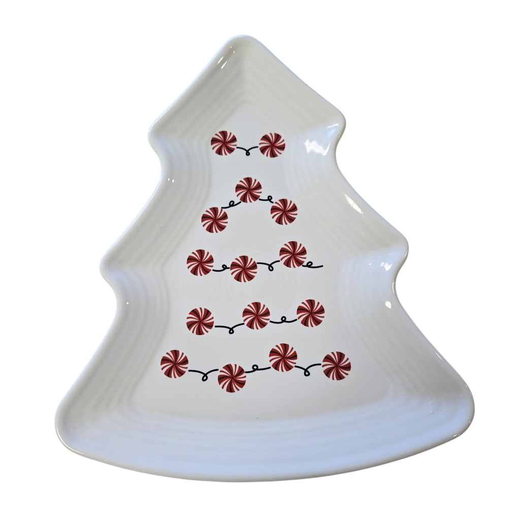 This is a Fiesta Fiestaware Tree Shaped Plate featuring FTCCO's Peppermint decal on White. Post 1986, Lead-free, Decorated, Christmas, Original Betty Crocker Peppermint decal brought back to life by FTCCO.
