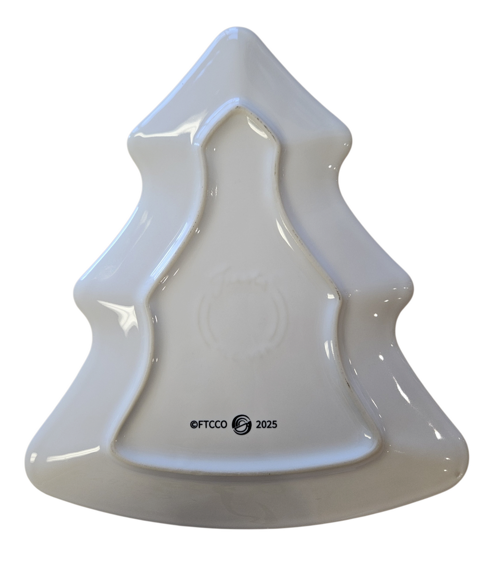 This is a Fiesta Fiestaware Tree Shaped Plate featuring FTCCO's Peppermint decal on White. Post 1986, Lead-free, Decorated, Christmas, Original Betty Crocker Peppermint decal brought back to life by FTCCO.
