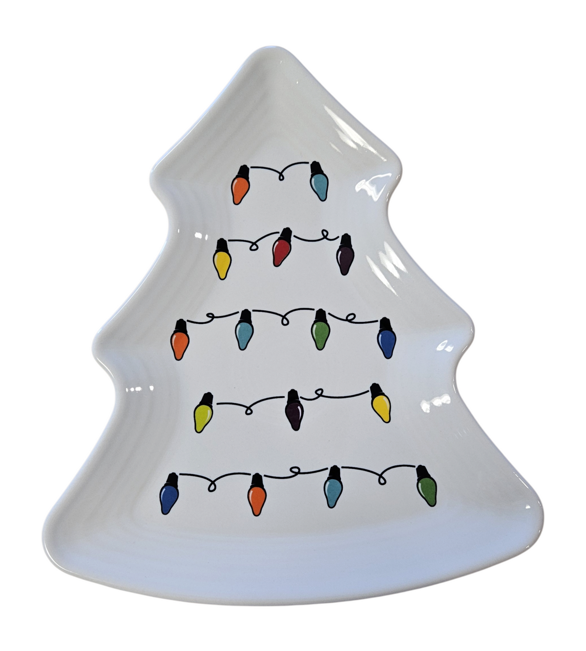 This is a Fiesta Fiestaware Tree Shaped Plate featuring the decal sometimes called Bon-Ton's Christmas Lights, String of Lights, or Holiday Lights on White. Post 1986, Lead-free, Christmas, Tree, Decorated, Retired Decal

