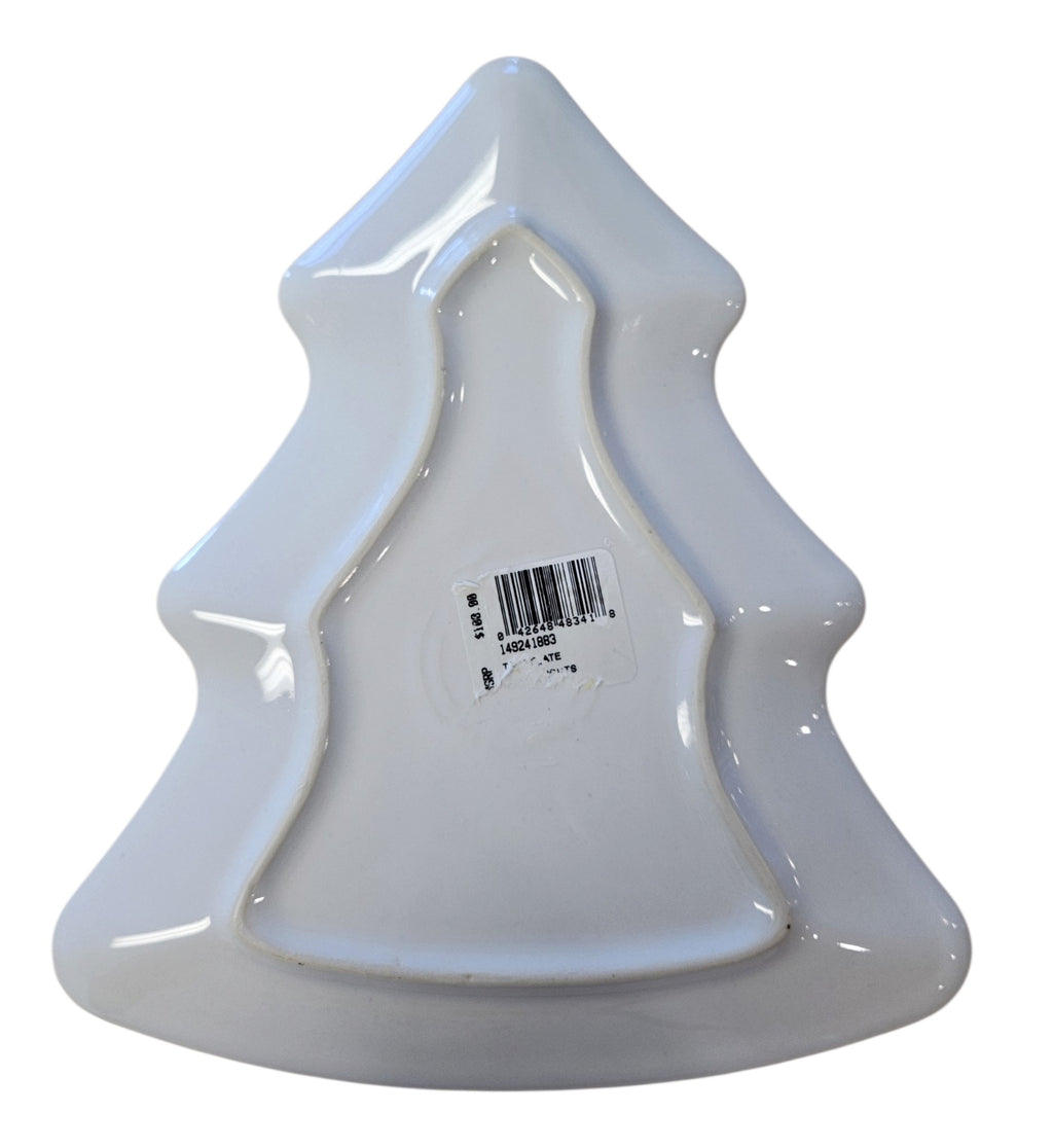 This is a Fiesta Fiestaware Tree Shaped Plate featuring the decal sometimes called Bon-Ton's Christmas Lights, String of Lights, or Holiday Lights on White. Post 1986, Lead-free, Christmas, Tree, Decorated, Retired Decal
