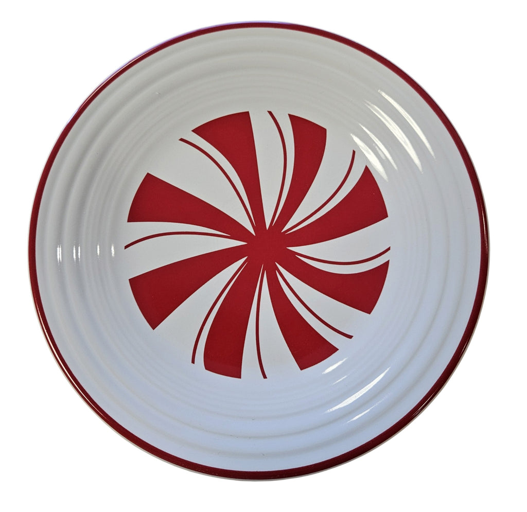 This is a Fiesta Fiestaware Classic Luncheon Plate featuring Bon-Ton's Peppermint decal on White. Post 1986, Lead-free, Decorated, Retired Decal, Christmas
