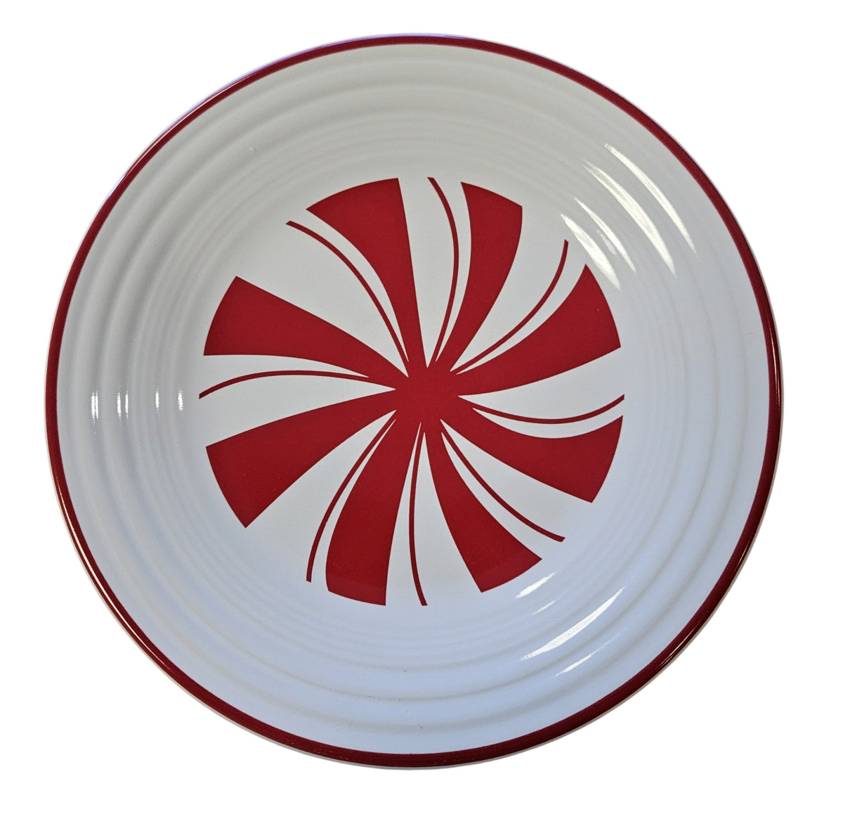 This is a Fiesta Fiestaware Classic Luncheon Plate featuring Bon-Ton's Peppermint decal on White. Post 1986, Lead-free, Decorated, Retired Decal, Christmas
