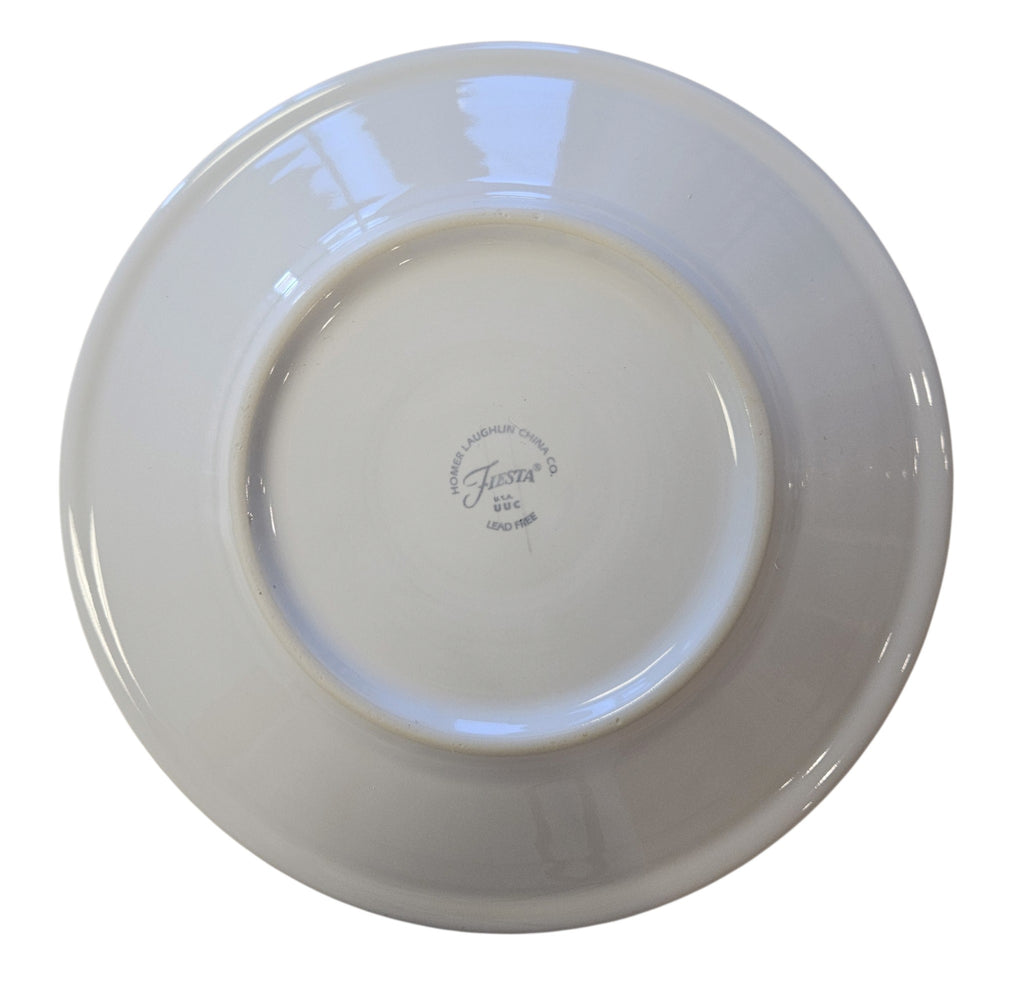 This is a Fiesta Fiestaware Classic Luncheon Plate featuring Bon-Ton's Peppermint decal on White. Post 1986, Lead-free, Decorated, Retired Decal, Christmas
