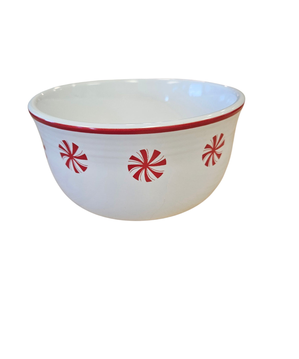 This is a Fiesta Fiestaware Gusto Bowl featuring Bon-Ton's Peppermint decal on White. Post 1986, Lead-free, Decorated, Retired Decal, Christmas
