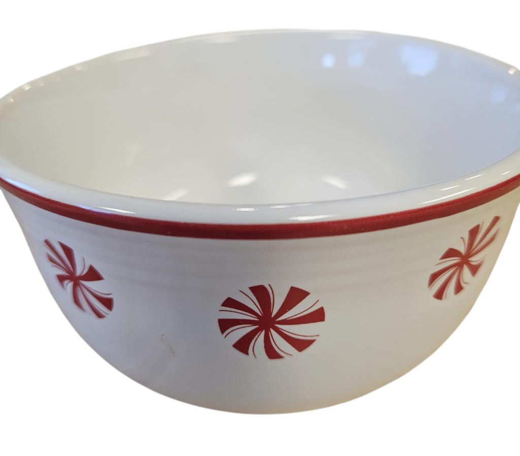 This is a Fiesta Fiestaware Gusto Bowl featuring Bon-Ton's Peppermint decal on White. Post 1986, Lead-free, Decorated, Retired Decal, Christmas
