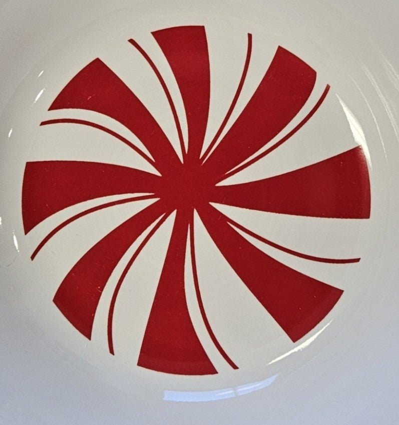 This is a Fiesta Fiestaware Stacking Cereal Bowl featuring Bon-Ton's Peppermint decal on White. Post 1986, Lead-free, Decorated, Retired Decal, Christmas
