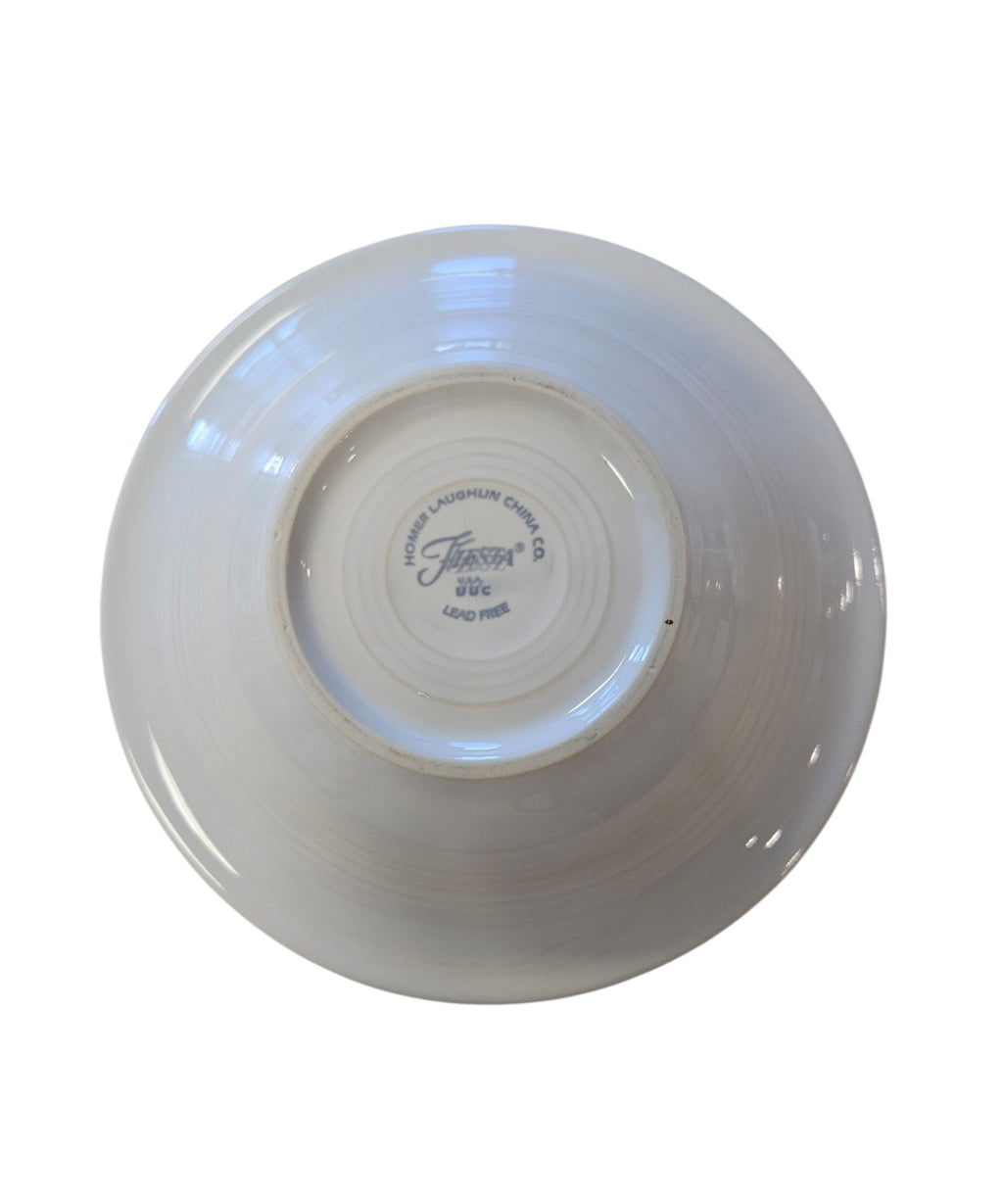 This is a Fiesta Fiestaware Stacking Cereal Bowl featuring Bon-Ton's Peppermint decal on White. Post 1986, Lead-free, Decorated, Retired Decal, Christmas
