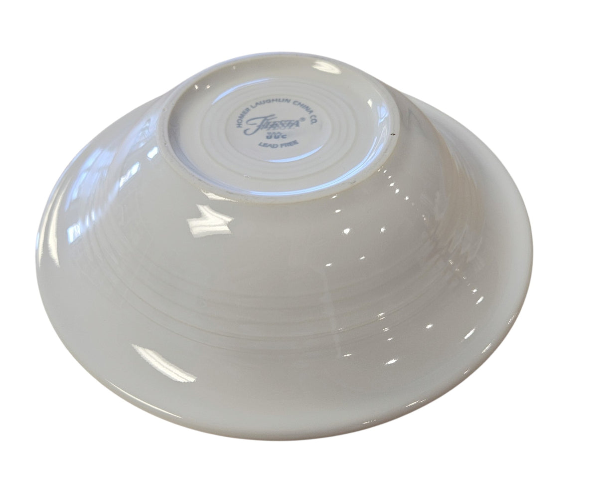 This is a Fiesta Fiestaware Stacking Cereal Bowl featuring Bon-Ton's Peppermint decal on White. Post 1986, Lead-free, Decorated, Retired Decal, Christmas
