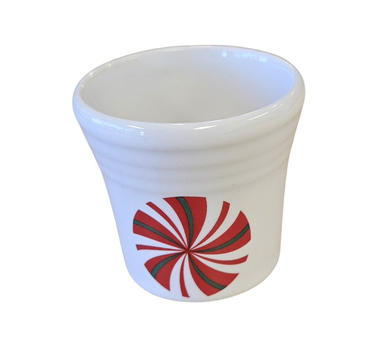 This is a Fiesta Fiestaware Shot Glass featuring FTCCO's Peppermint decal on White. Post 1986, Lead-free, Decorated, Christmas, Original Betty Crocker Peppermint decal brought back to life by FTCCO.
