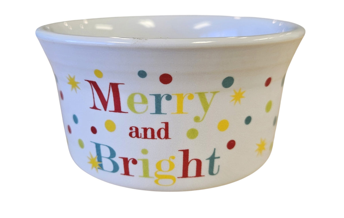 This is a Fiesta Fiestaware Ramekin featuring the Merry and Bright decal on White. Post 1986, Lead-free, Decorated, Christmas
