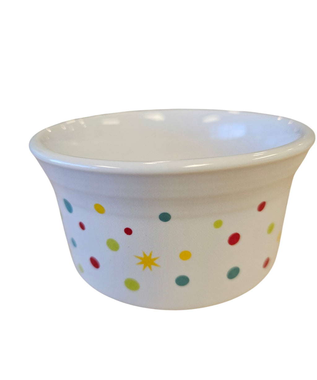 This is a Fiesta Fiestaware Ramekin featuring the Merry and Bright decal on White. Post 1986, Lead-free, Decorated, Christmas
