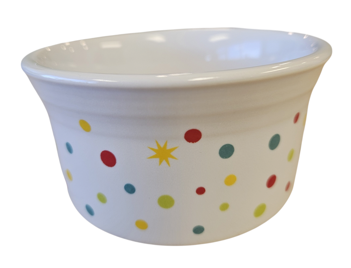 This is a Fiesta Fiestaware Ramekin featuring the Merry and Bright decal on White. Post 1986, Lead-free, Decorated, Christmas
