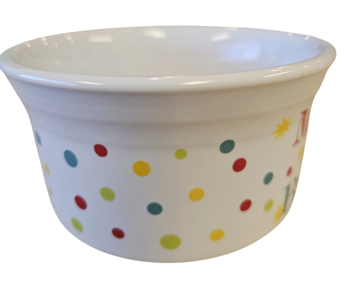This is a Fiesta Fiestaware Ramekin featuring the Merry and Bright decal on White. Post 1986, Lead-free, Decorated, Christmas
