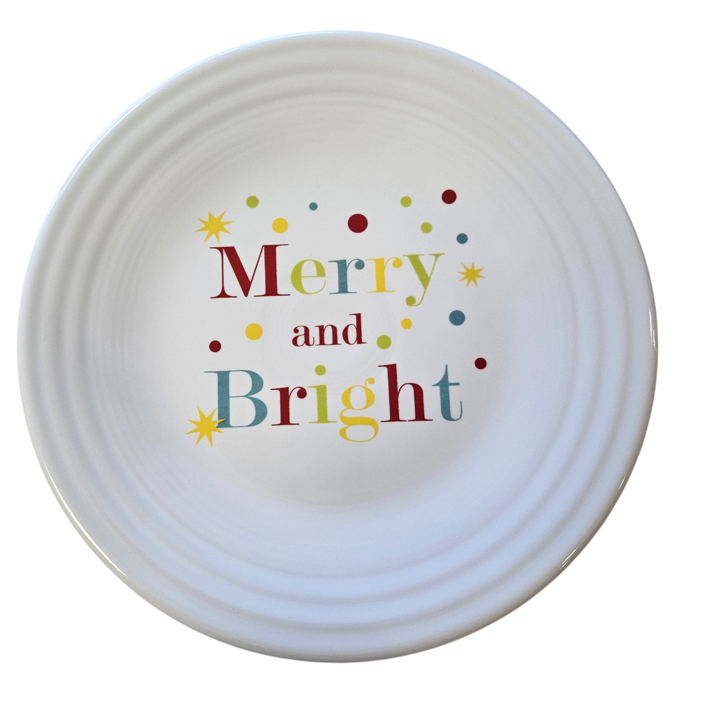 This is a Fiesta Fiestaware Classic Luncheon Plate featuring the Merry and Bright decal on White. Post 1986, Lead-free, Decorated, Christmas
