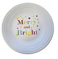 This is a Fiesta Fiestaware Classic Luncheon Plate featuring the Merry and Bright decal on White. Post 1986, Lead-free, Decorated, Christmas
