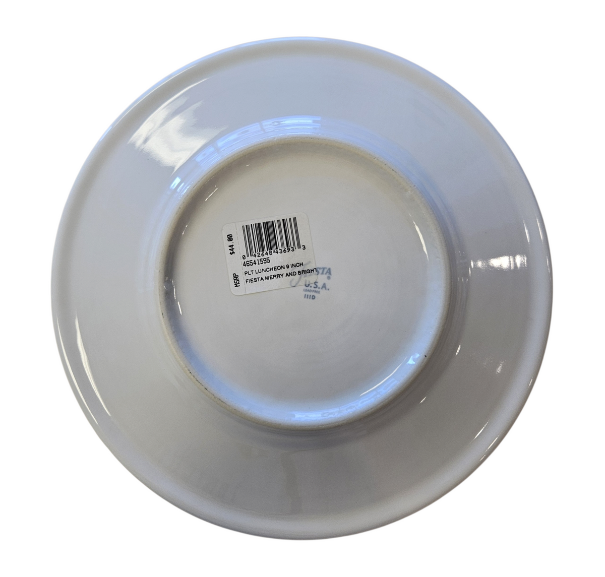This is a Fiesta Fiestaware Classic Luncheon Plate featuring the Merry and Bright decal on White. Post 1986, Lead-free, Decorated, Christmas
