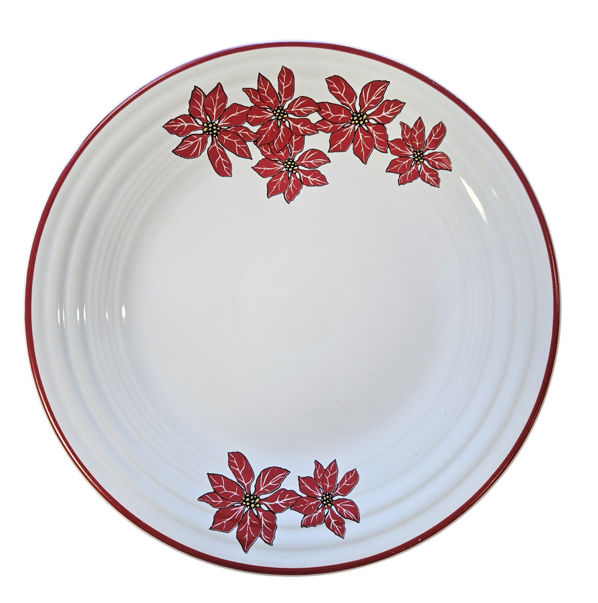 This is a Fiesta Fiestaware Classic Luncheon Plate featuring the Belk's Poinsettia decal on White. Post 1986, Lead-free, Christmas, Flower Decorated, Retired Decal

