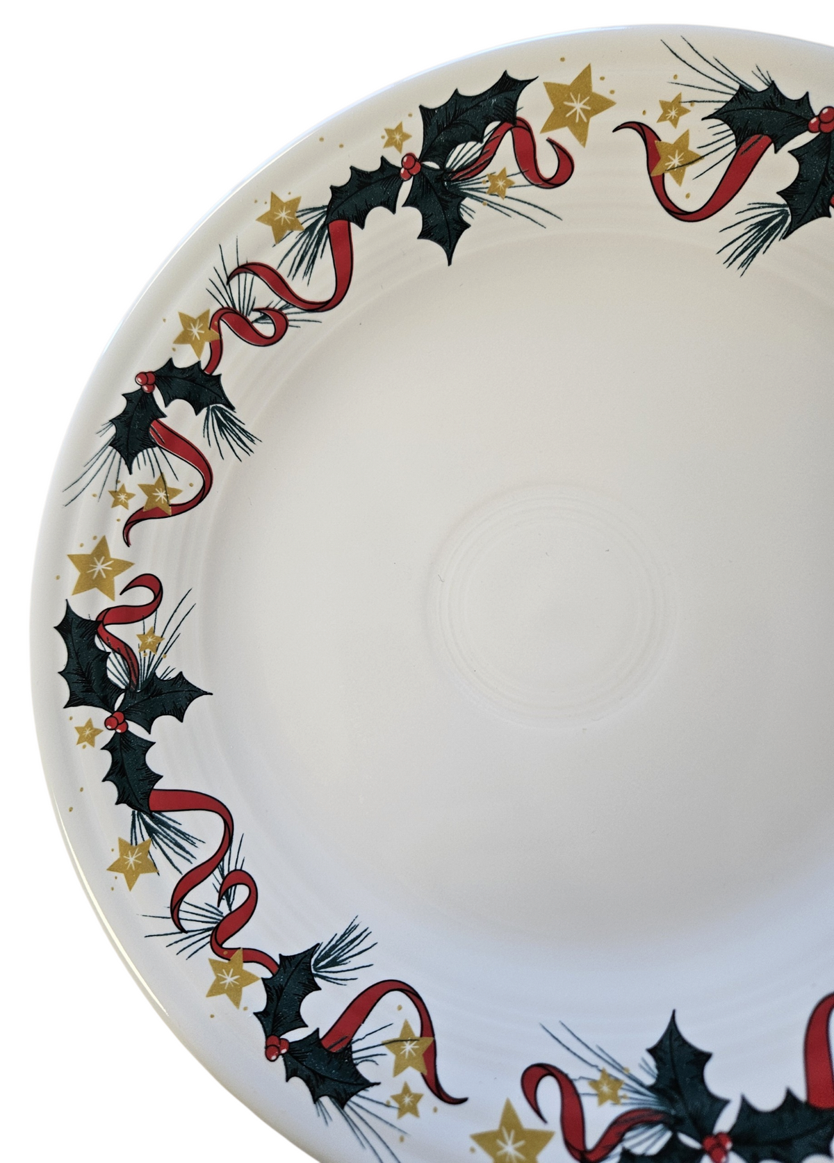 This is a Fiesta Fiestaware Classic Luncheon Plate featuring Dillard's Holly and Stars decal on White. Post 1986, Lead-free, Decorated, Retired Decal, Christmas
