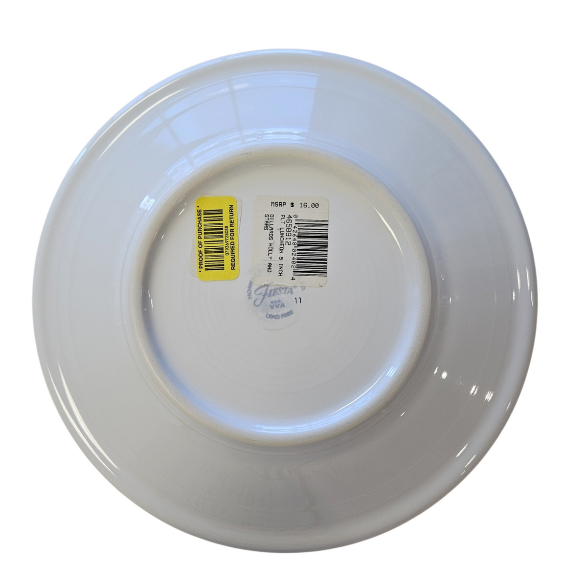 This is a Fiesta Fiestaware Classic Luncheon Plate featuring Dillard's Holly and Stars decal on White. Post 1986, Lead-free, Decorated, Retired Decal, Christmas
