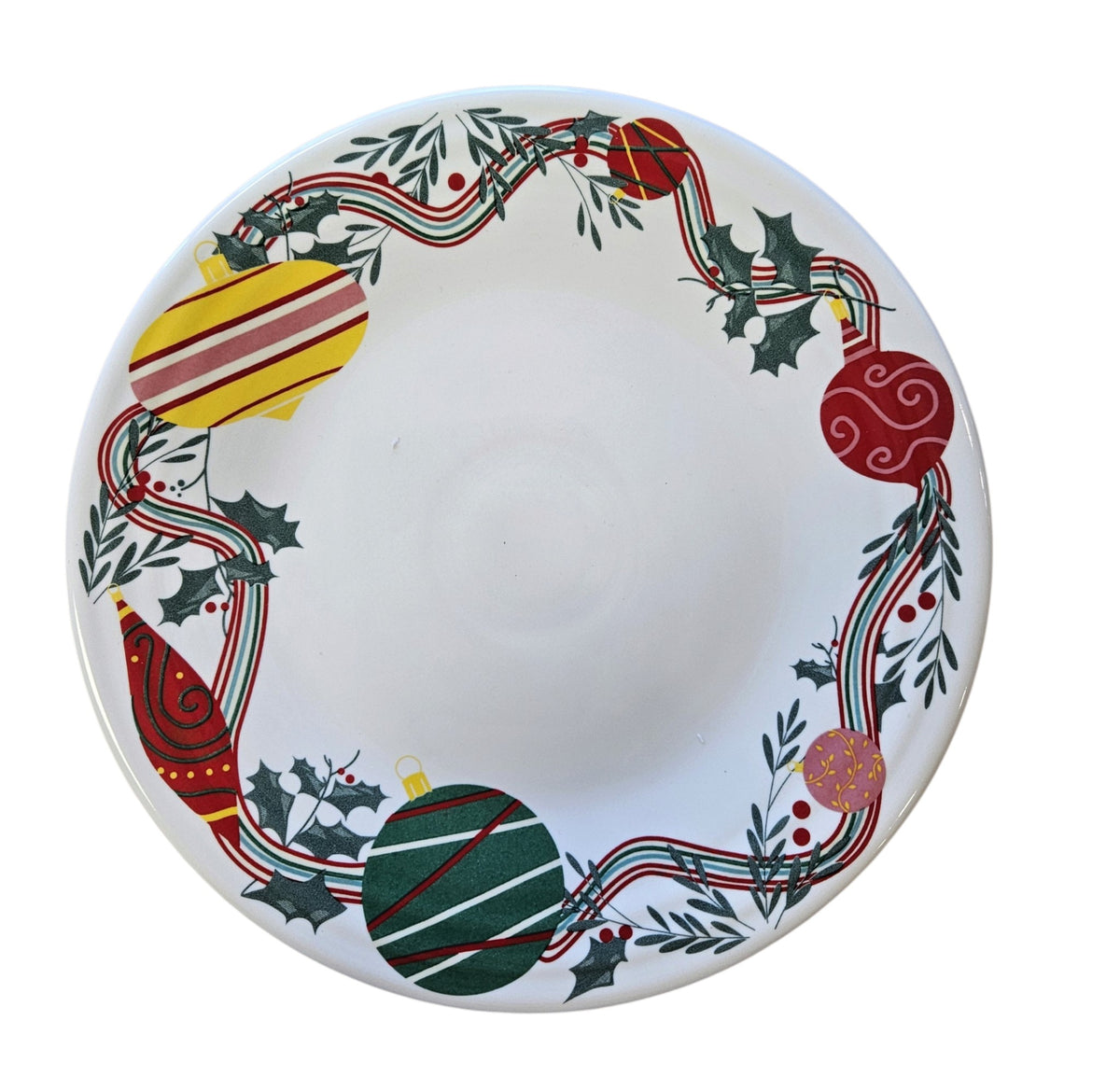 This is a Fiesta Fiestaware Classic Luncheon Plate featuring Replacements.com exclusive Holiday Garland decal on White. Post 1986, Lead-free, Decorated, Christmas
