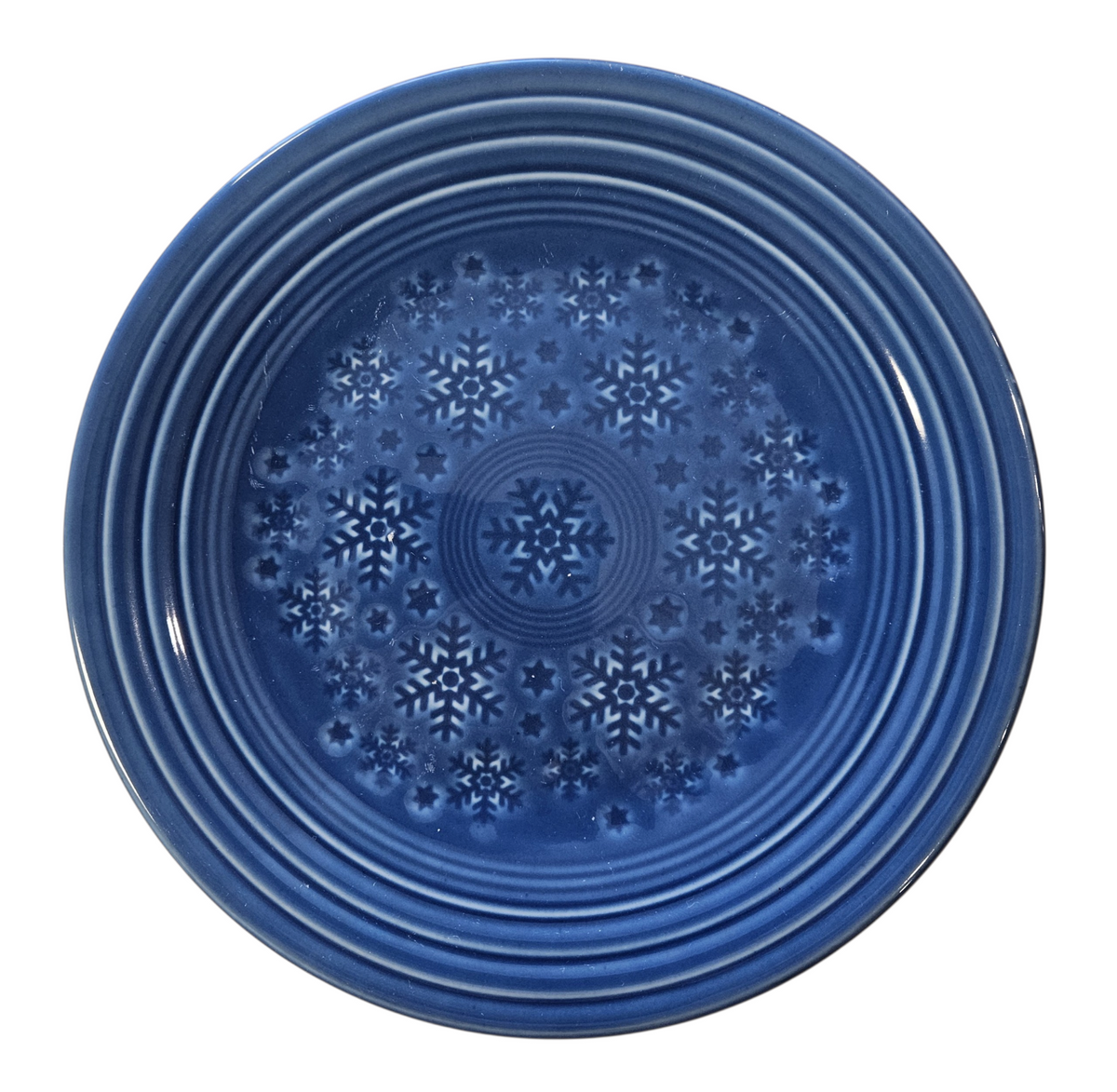 This is a Fiesta Fiestaware Snowflake Embossed Classic Luncheon Plate in Lapis. Post 1986, Lead-free, Christmas, Tree
