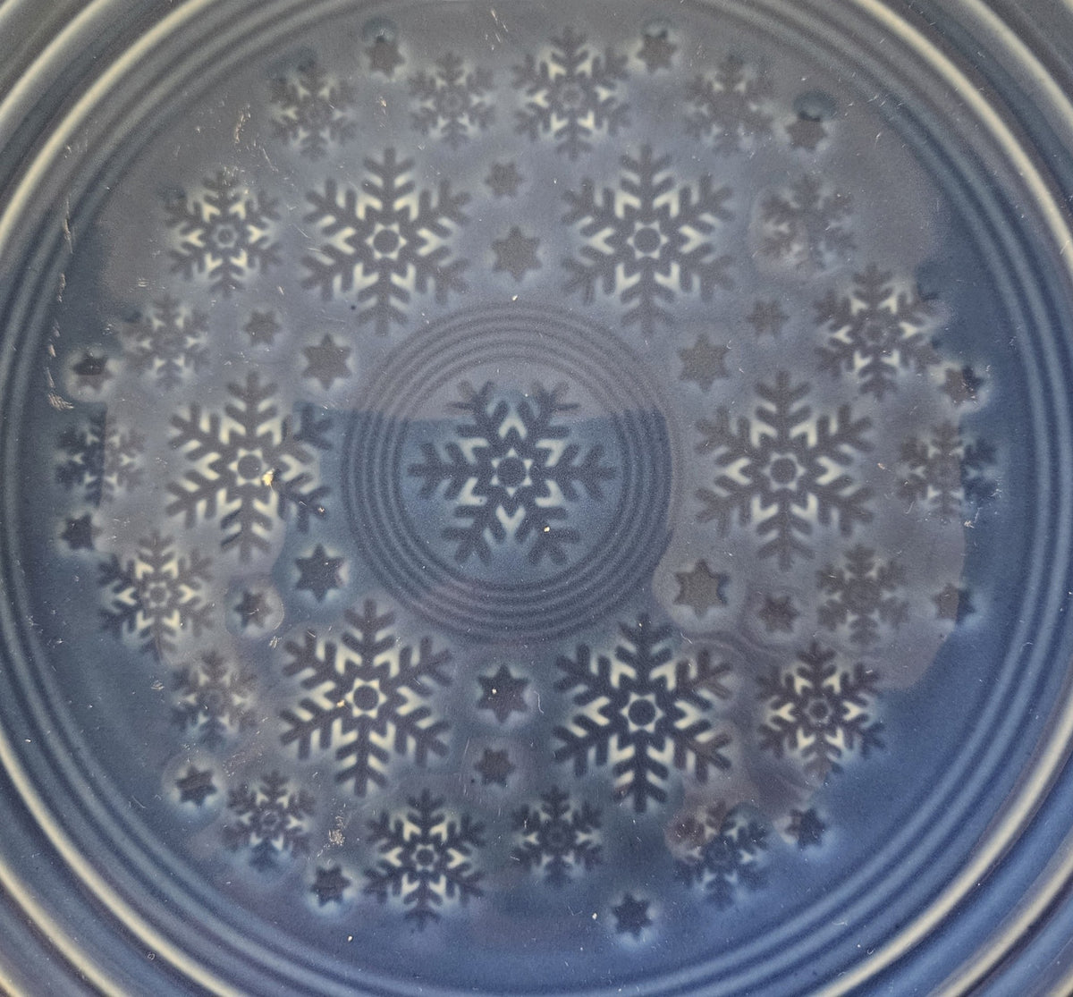 This is a Fiesta Fiestaware Snowflake Embossed Classic Luncheon Plate in Lapis. Post 1986, Lead-free, Christmas, Tree
