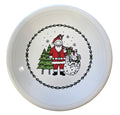 This is a Fiesta Fiestaware Classic Salad Plate featuring Everything Kitchen's exclusive Christmas Whimsey decal  on White. Post 1986, Lead-free, Christmas, Tree, Decorated, Retired Decal, Santa, Gift Bag
