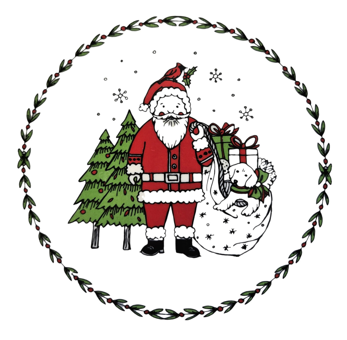 This is a Fiesta Fiestaware Classic Salad Plate featuring Everything Kitchen's exclusive Christmas Whimsey decal  on White. Post 1986, Lead-free, Christmas, Tree, Decorated, Retired Decal, Santa, Gift Bag
