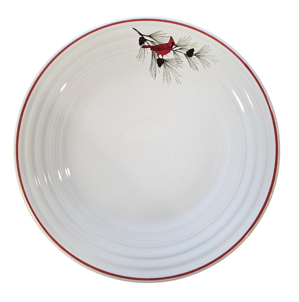 This is a Fiesta Fiestaware Classic Luncheon Plate featuring the original Amazon Cardinal Border decal on White. Post 1986, Lead-free, Christmas, Cardinal, Pine Bough, Decorated, Retired Decal, Megachina
