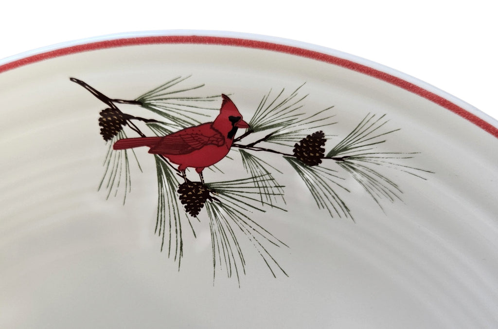 This is a Fiesta Fiestaware Classic Luncheon Plate featuring the original Amazon Cardinal Border decal on White. Post 1986, Lead-free, Christmas, Cardinal, Pine Bough, Decorated, Retired Decal, Megachina
