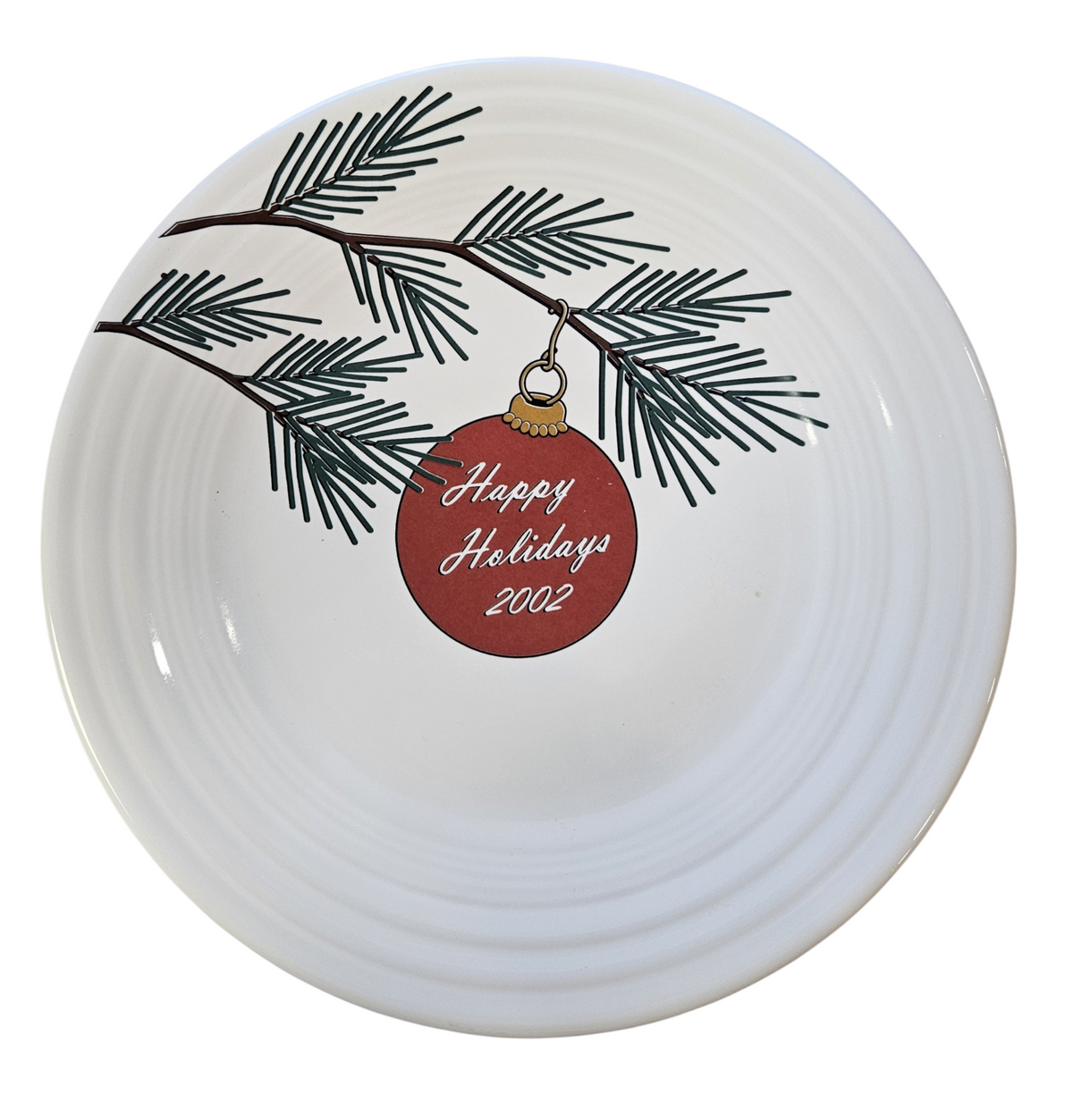 This is a Fiesta Fiestaware Classic Luncheon Plate featuring the Happy Holiday's 2002 decal  on White. Maker is a mystery! Post 1986, Lead-free, Christmas, Tree, Decorated, Retired Decal
