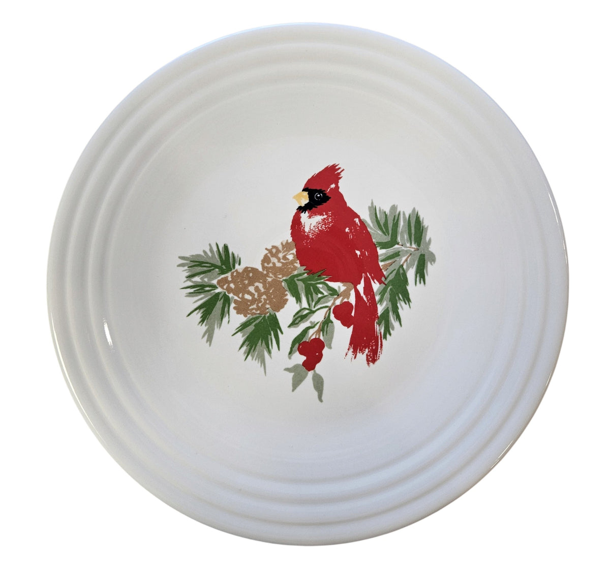 This is a Fiesta Fiestaware Classic Luncheon Plate featuring the Belk's Holiday Cardinal decal on White. Post 1986, Lead-free, Christmas, Cardinal, Pine Bough, Decorated, Retired Decal
