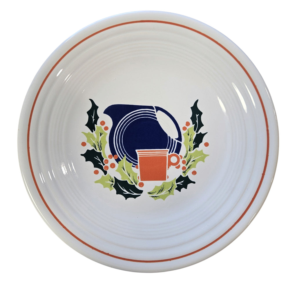 This is a Fiesta Fiestaware Classic Luncheon Plate featuring Federated Department Store's Christmas decal on White. Post 1986, Lead-free, Decorated, Retired Decal, Christmas, Disk Pitcher, Ring Handled Mug, Greenery

