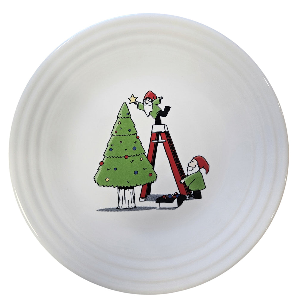 This is a Fiesta Fiestaware Classic Luncheon Plate featuring the Zulily.com exclusive Christmas Gnome decal on White. Post 1986, Lead-free, Decorated, Christmas
