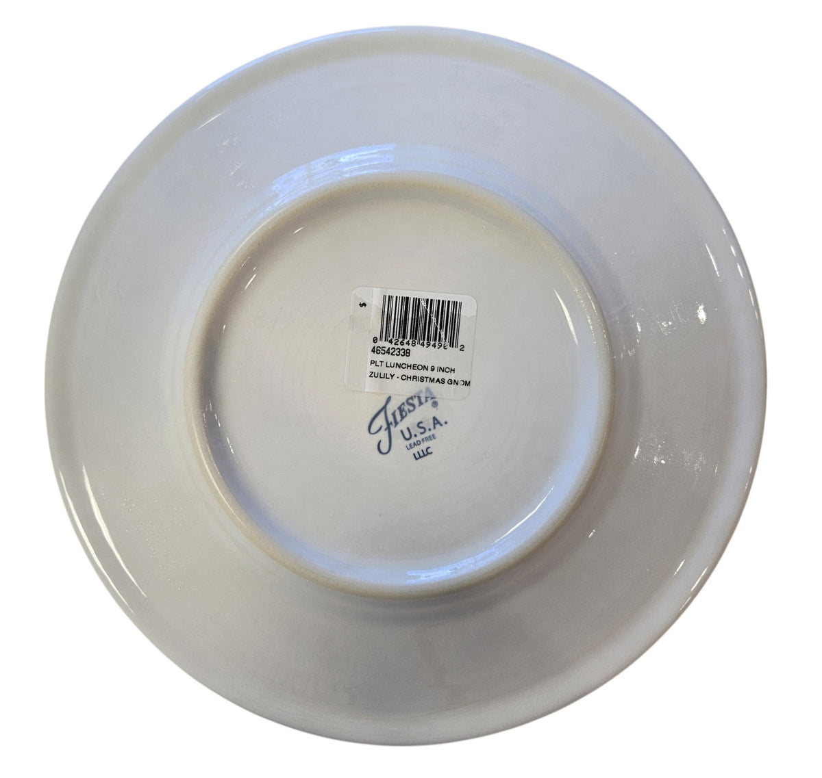 This is a Fiesta Fiestaware Classic Luncheon Plate featuring the Zulily.com exclusive Christmas Gnome decal on White. Post 1986, Lead-free, Decorated, Christmas
