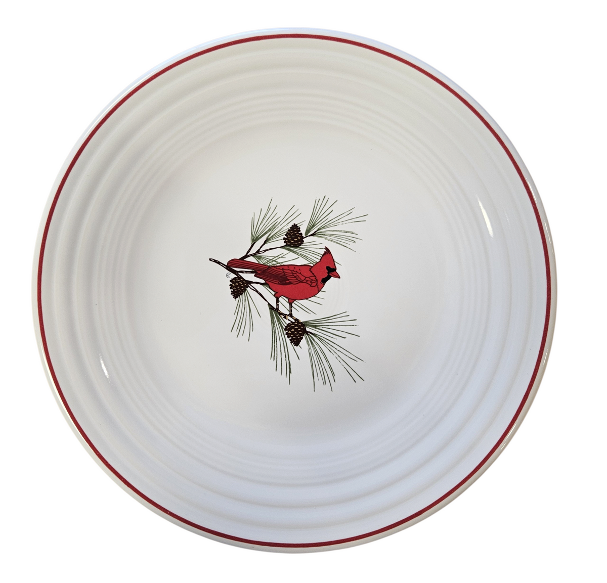 This is a Fiesta Fiestaware Classic Luncheon Plate featuring the original Amazon Cardinal Center decal on White. Post 1986, Lead-free, Christmas, Cardinal, Pine Bough, Decorated, Retired Decal, Megachina
