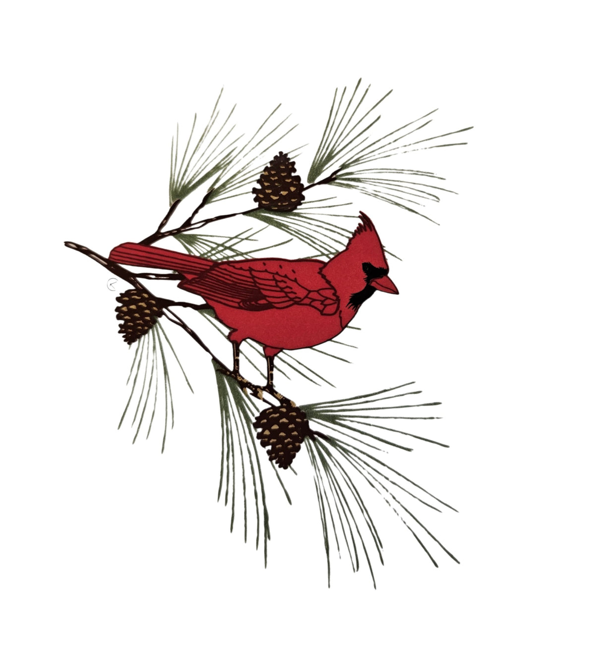 This is a Fiesta Fiestaware Classic Luncheon Plate featuring the original Amazon Cardinal Center decal on White. Post 1986, Lead-free, Christmas, Cardinal, Pine Bough, Decorated, Retired Decal, Megachina
