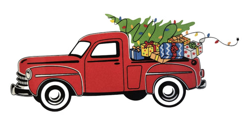 This is a Fiesta Fiestaware Classic Luncheon Plate featuring the Belk's Holiday/Christmas Farm Truck decal on White. Post 1986, Lead-free, Christmas, Decorated, Retired Decal
