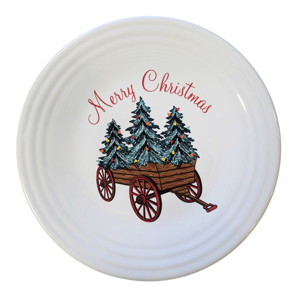 This is a Fiesta Fiestaware Classic Luncheon Plate featuring the Belk's Holiday Wagon decal on White. Post 1986, Lead-free, Christmas, Trees, Decorated, Retired Decal
