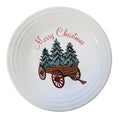 This is a Fiesta Fiestaware Classic Luncheon Plate featuring the Belk's Holiday Wagon decal on White. Post 1986, Lead-free, Christmas, Trees, Decorated, Retired Decal
