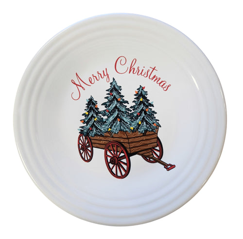 This is a Fiesta Fiestaware Classic Luncheon Plate featuring the Belk's Holiday Wagon decal on White. Post 1986, Lead-free, Christmas, Trees, Decorated, Retired Decal
