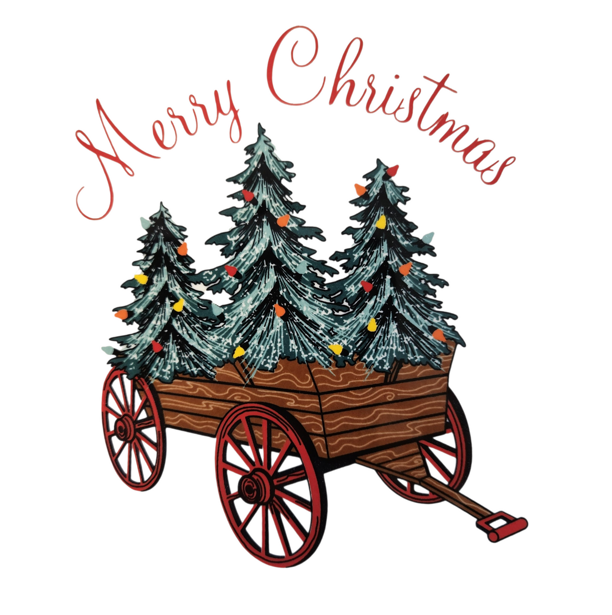 This is a Fiesta Fiestaware Classic Luncheon Plate featuring the Belk's Holiday Wagon decal on White. Post 1986, Lead-free, Christmas, Trees, Decorated, Retired Decal
